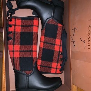 Plaid coach rain boots